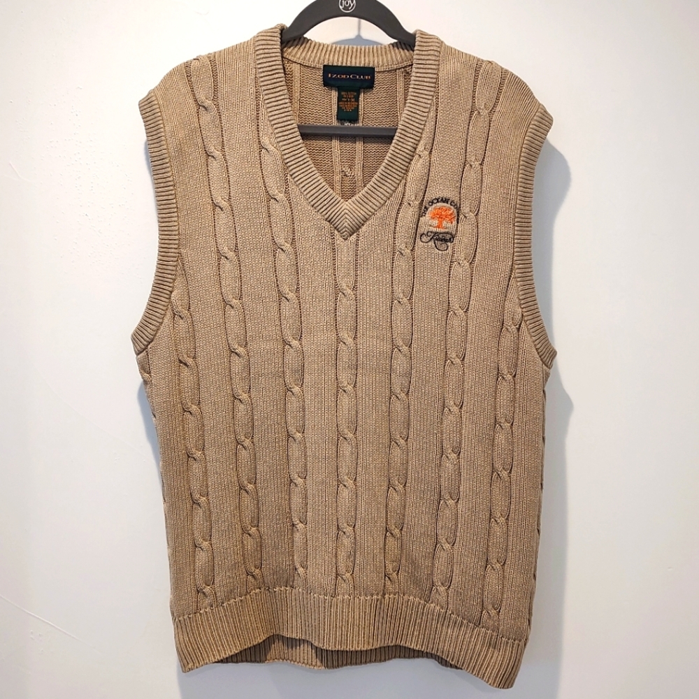 Izod Cable Knit V-Neck Sweater Vest Academia Tennis Prep Golf Kiawah Island Logo